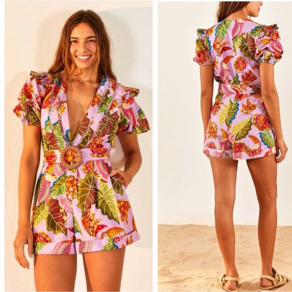 FARM Rio Pink Tropical Print Mini Dress with Green & Orange Leaves